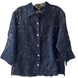 Mirasol Linen Blend Black Semi Sheer Floral 3/4 Sleeve Button Down Topper Blouse